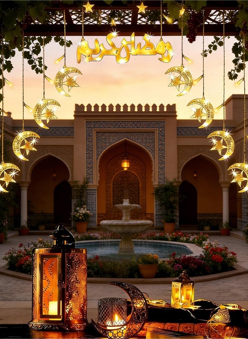 توبيتش أضواء زينة رمضان، 12 سلسلة على شكل قمر ونجوم وعلامة رمزية لرمضان أضواء رمضان السحرية بـ 8 أوضاع، زينة معلقة للمنزل وغرفة النوم والجدار والشرفة والنوافذ - Image 5